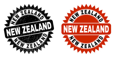 Black rosette NEW ZEALAND seal stamp. Flat vector textured seal stamp with NEW ZEALAND text inside sharp rosette, and original clean version. Imprint with distress surface.