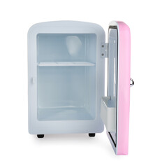 Open pink cosmetics refrigerator isolated on white