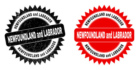 Black rosette NEWFOUNDLAND AND LABRADOR seal stamp. Flat vector distress seal with NEWFOUNDLAND AND LABRADOR title inside sharp rosette, and original clean version.