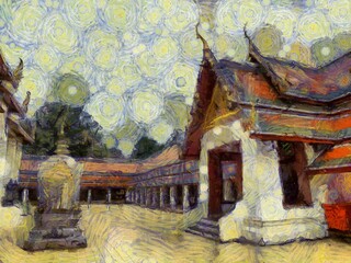 Ancient Thai architecture in Bangkok Illustrations creates an impressionist style of painting.