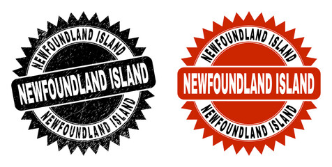 Black rosette NEWFOUNDLAND ISLAND seal stamp. Flat vector textured seal stamp with NEWFOUNDLAND ISLAND phrase inside sharp rosette, and original clean version. Imprint with corroded surface.