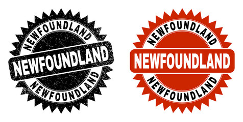 Black rosette NEWFOUNDLAND seal stamp. Flat vector textured seal stamp with NEWFOUNDLAND text inside sharp rosette, and original clean version. Imprint with corroded style.