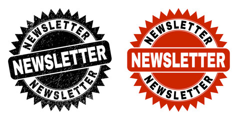 Black rosette NEWSLETTER seal. Flat vector distress seal stamp with NEWSLETTER text inside sharp rosette, and original clean template. Imprint with corroded texture.