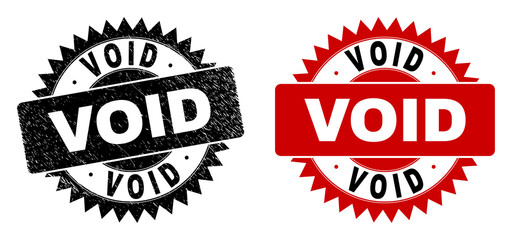 Black rosette VOID watermark. Flat vector distress watermark with VOID message inside sharp rosette, and original clean source. Watermark with distress texture.