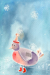 Watercolour new year or Christmas card with a birdie on blue background and snow falling - 399979679