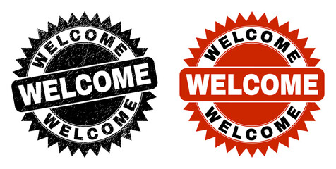 Obraz premium Black rosette WELCOME watermark. Flat vector grunge seal stamp with WELCOME title inside sharp rosette, and original clean template. Imprint with grunge texture.