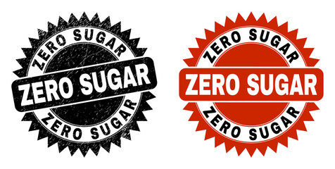 Obraz premium Black rosette ZERO SUGAR watermark. Flat vector textured watermark with ZERO SUGAR phrase inside sharp rosette, and original clean version. Watermark with grunged surface.