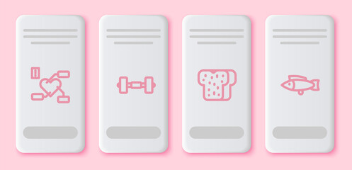 Set line Attention to health heart, Dumbbell, Bread toast and Fish. White rectangle button. Vector.
