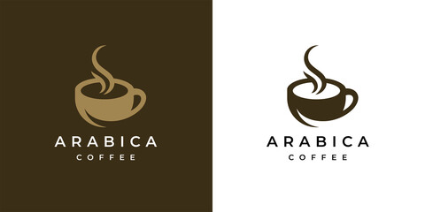 Premium coffee shop logo. Cafe mug icon. Latte aroma symbol. Espresso hot drink cup sign. Arabica cappuccino emblem. Vector illustration.