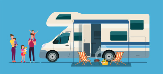 Campervan mobile home with open door and awning together with a vacationing family. Vector flat style illustration.