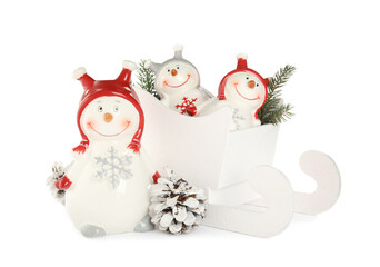 Christmas composition with decorative snowmen on white background