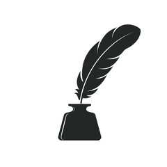 Inkwell and feather graphic icon. Ink feather in the inkwell sign isolated on white background. Vintage symbol. Vector illustration - obrazy, fototapety, plakaty