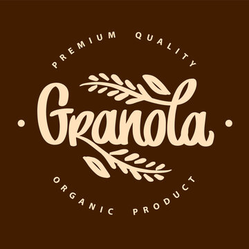 Granola logo vector. Organic product premium quality. Lettering with spikelets. Handwritten calligraphy. Healthy food logotype for package, label.