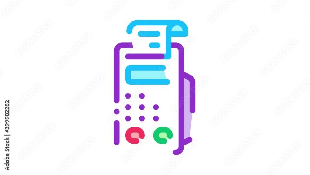 Poster pos terminal print receipt icon animation. color pos terminal print receipt animated icon on white b