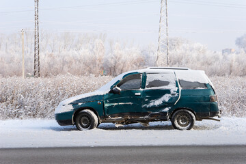 car involved in a collision or accident. car accident on a winter road.