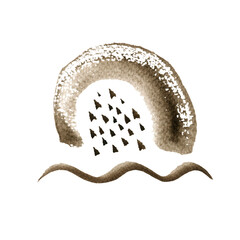 Watercolor abstract hand drawn illustration with sepia textured shape, line and dots. A square picture with a white background.