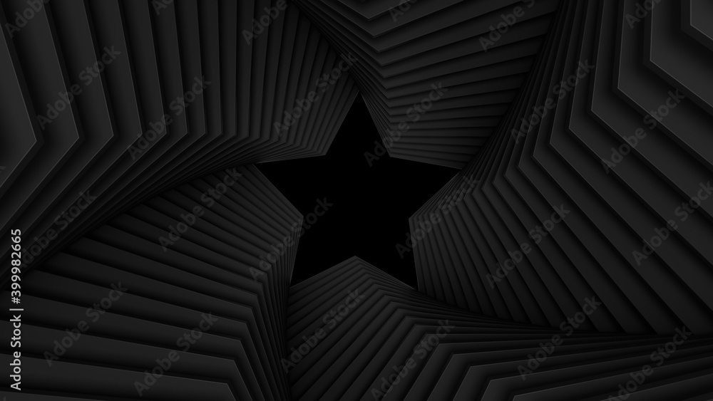 Poster abstract dark twisted tunnel constructed with star shape. spiral corridor. black smooth light struct