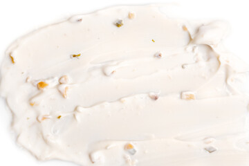 Texture of creamy tartar sauce with green herbs and with mushrooms. Top view. Free copy space for text.