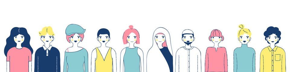 Hand drawn doodle flat vector illustration design set. Smiling cartoon characters collection. Male and female portraits bundle isolated on white. Diverse people avatars. Relaxing color concept	