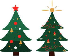 Two green Christmas trees decorated vector illustration. Happy new year hand drawing fir tree isolated greeting card. 