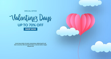 valentine's day sale offer banner template with sweet blue pastel background paper cut style of flying heart balloon