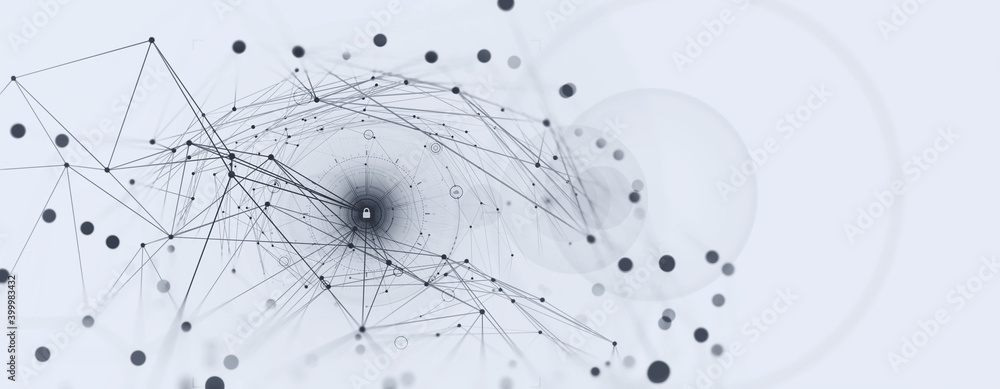 Poster Cybersecurity. Global network. Blockchain 3D illustration. Neural networks and artificial intelligence. Concept of cyberspace. Abstract technological background