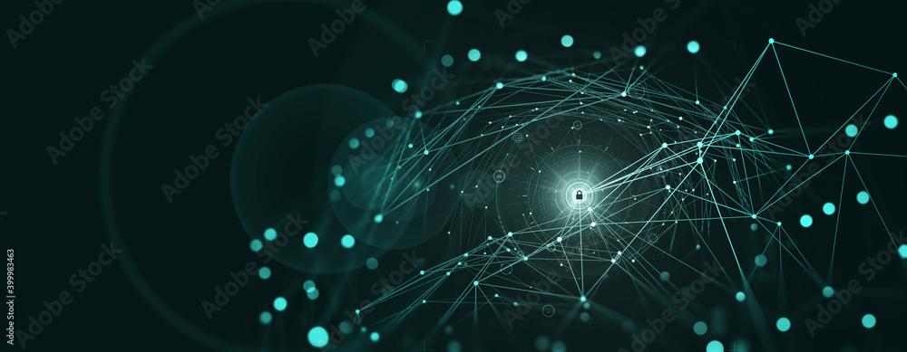 Aufkleber Cybersecurity. Global network. Blockchain 3D illustration. Neural networks and artificial intelligence. Concept of cyberspace. Abstract technological background