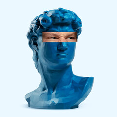 Collage with David's head replica, statue and male portrait isolated on white background. Negative space to insert your text. Modern design. Contemporary colorful and conceptual bright art collage.