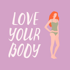 Love your body card, poster. Beautiful african woman vector flat illustration.