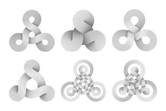 Set of triquetra knot signs made of three connected disks and rings made of different types intersection. Vector illustration.