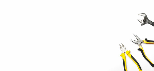 set of industrial, working tool isolated on white background. various construction tools. wire cutters, pliers