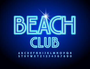 Fototapeta na wymiar Vector illuminated emblem Beach Club. Electric Blue Font. Neon Alphabet Letters and Numbers set