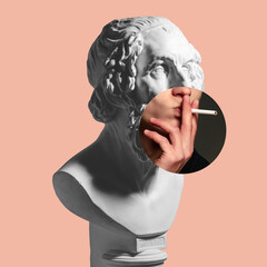 Collage with plaster head model, statue and male portrait isolated on coral background. Negative...
