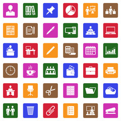 Office Icons. White Flat Design In Square. Vector Illustration.