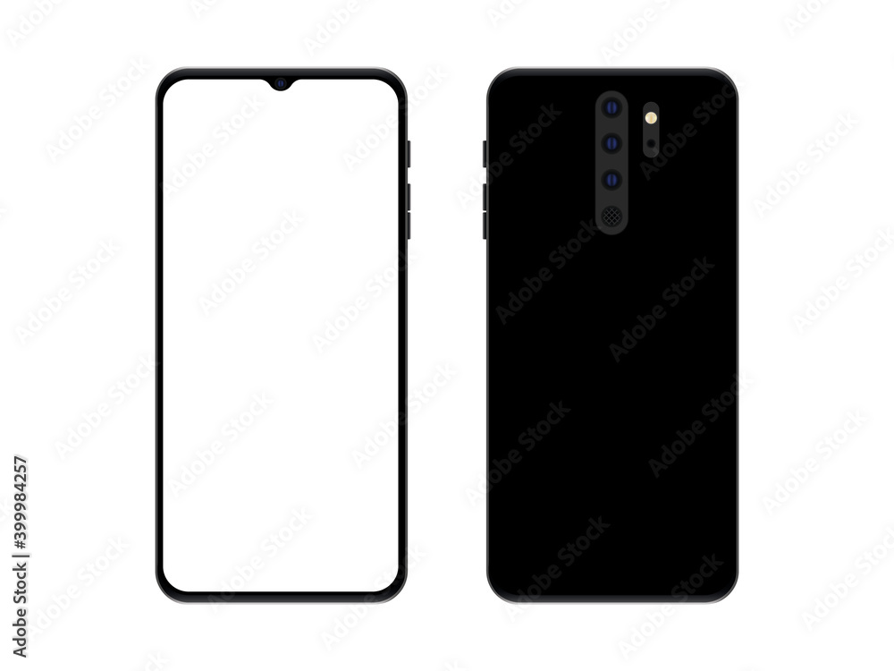 Poster realistic smartphone mockup with empty screen. front and back view for print, web, application. vect