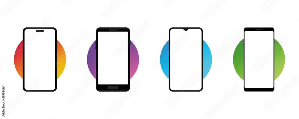 Poster realistic smartphone mockup devices on colored circle background. blank, empty screen. template for 