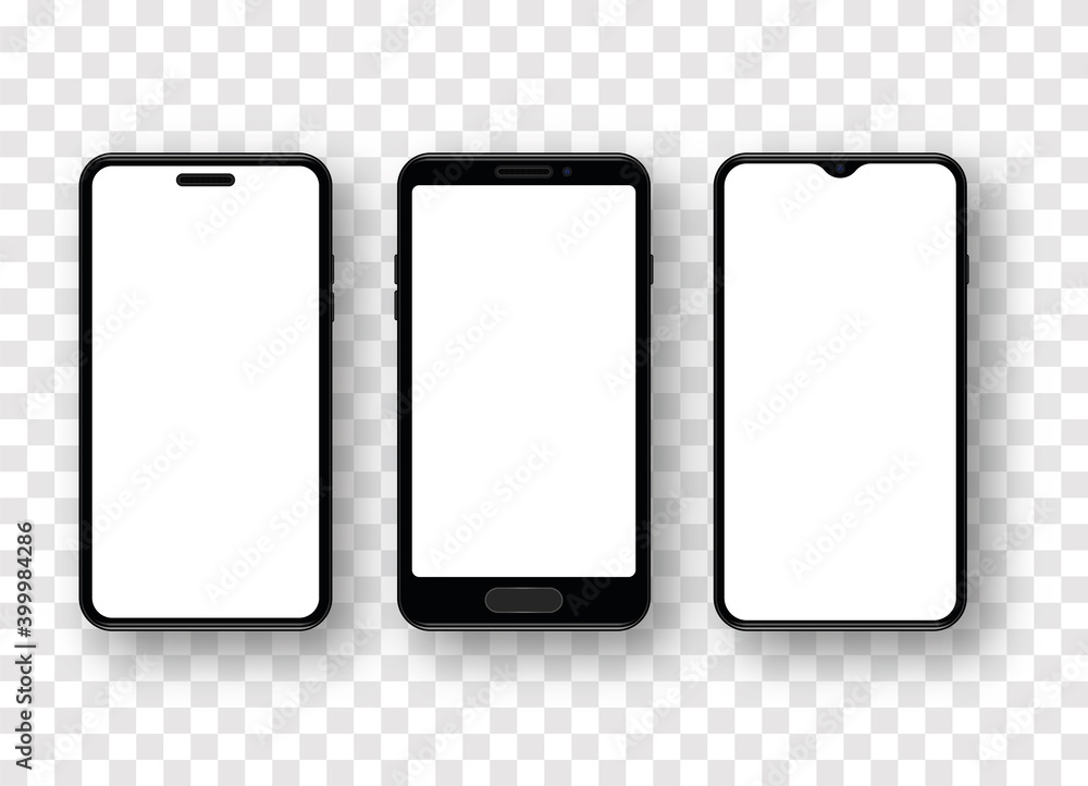 Poster set of realistic smartphone mockup. mobile phone with empty white screen on transparent background. 
