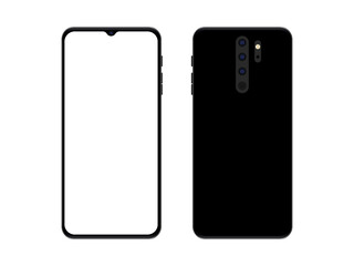 Realistic smartphone mockup with empty screen. Front and back view for print, web, application. Vector