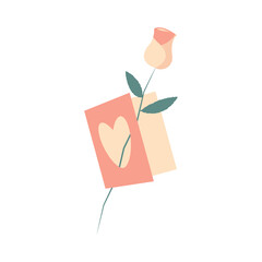 Rose with leaves in a card with a heart. Congratulations on Valentine's Day. Vector illustration.