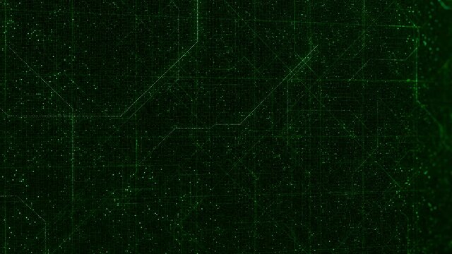 Scheme of lines on green background. Animation. Diagram with moving lines in cyberspace of matrix. Diagram In matrix with shiny green background