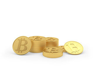 Golden bitcoin coins isolated on white. 3d illustration