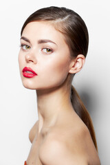 Obraz premium Beautiful glamor woman naked shoulders attractive look red lips 