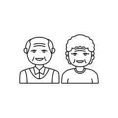Simple line art old couple vector illustration isolated on white background. Linear style of grandparents icon