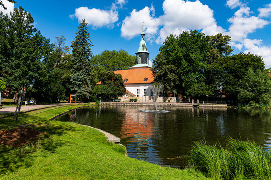 Pond in front of the Michaelis Church in Fallersleben, Wolfsburg, Lower Saxony