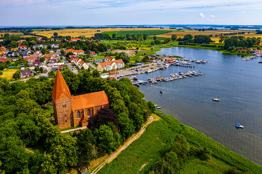 Aerial of Kirchdorf, Church village with its harbour on Poel Island, Baltic Sea
