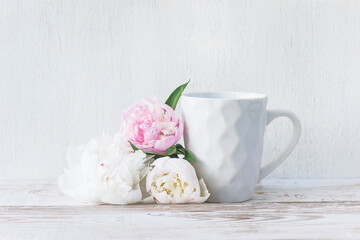 White mug of coffee and bouquet of white and pink peonies on white paint wooden background. Space for text