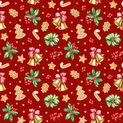 Seamless pattern with watercolor holly branches with berries, gingerbread cookies and bells on red background.