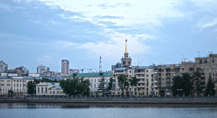Fototapeta na wymiar Yekaterinburg, Russia - June 04 2019 - pond on Iset river near the main street of the city. Banner size. 