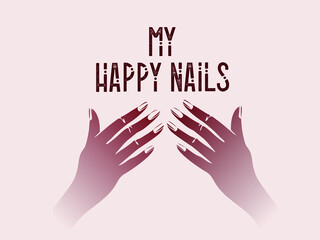 Nails art salon vector logo.Illustration of Afro American woman hands with elegant, beautiful manicure.Cosmetics, beauty, spa, skin care and style icon isolated on light background.