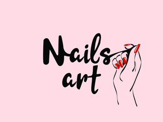 Nails art salon vector logo.Illustration of woman hand with elegant, beautiful manicure.Cosmetics, beauty, spa and style icon isolated on light background.Bright color nail polish.